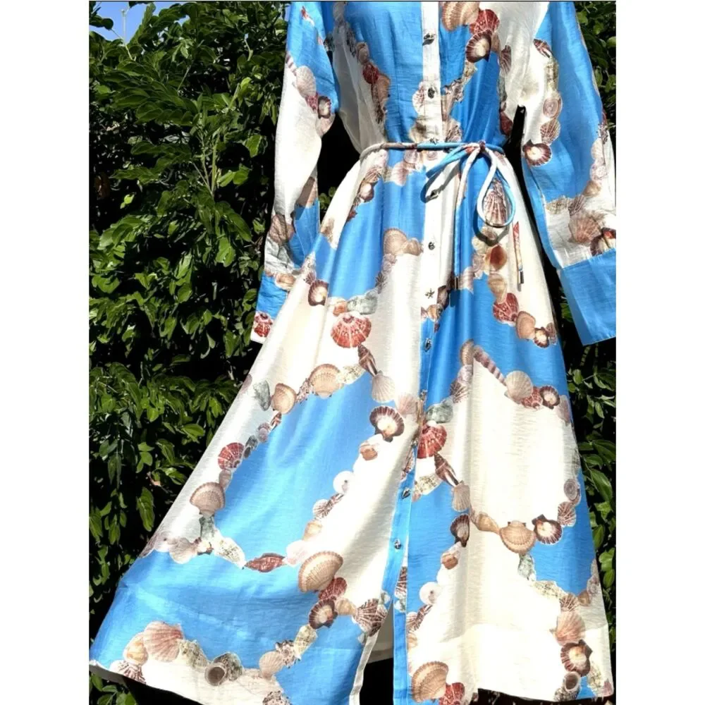 Caroline Constas Sea Shell Print Midi Dress Small Blue White Beach Coastal NWT